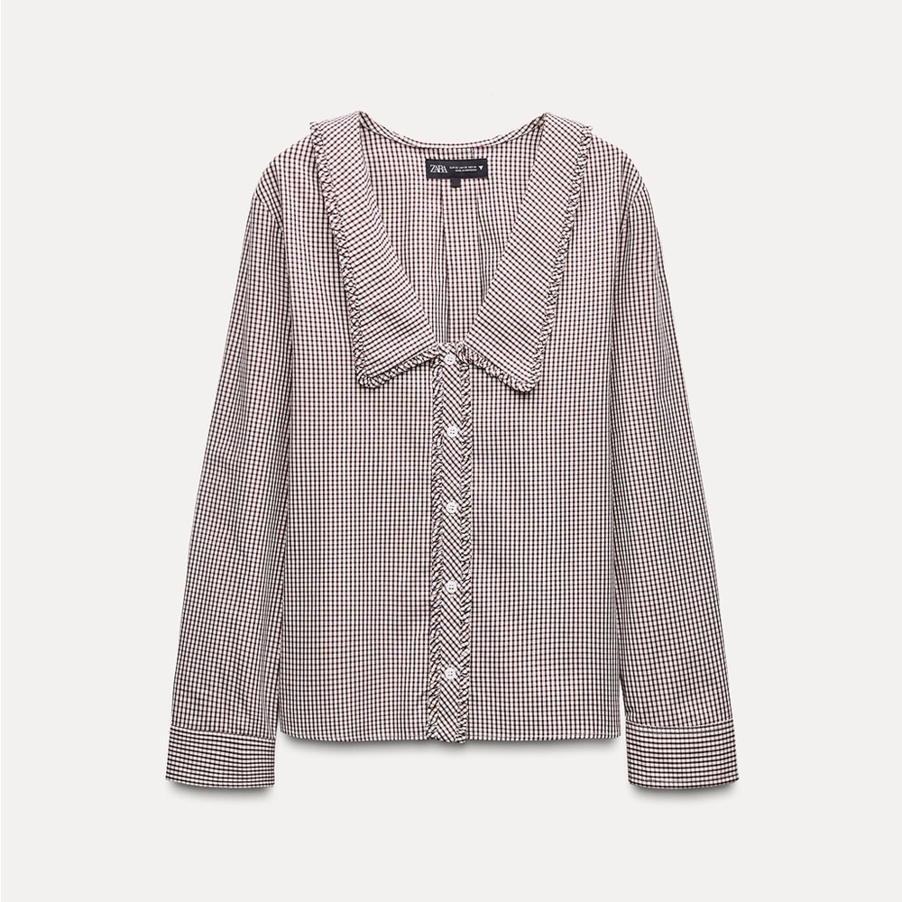 Brand New Zara Peter Pan Gingham Blouse, NWT, Brown and White, Size Small